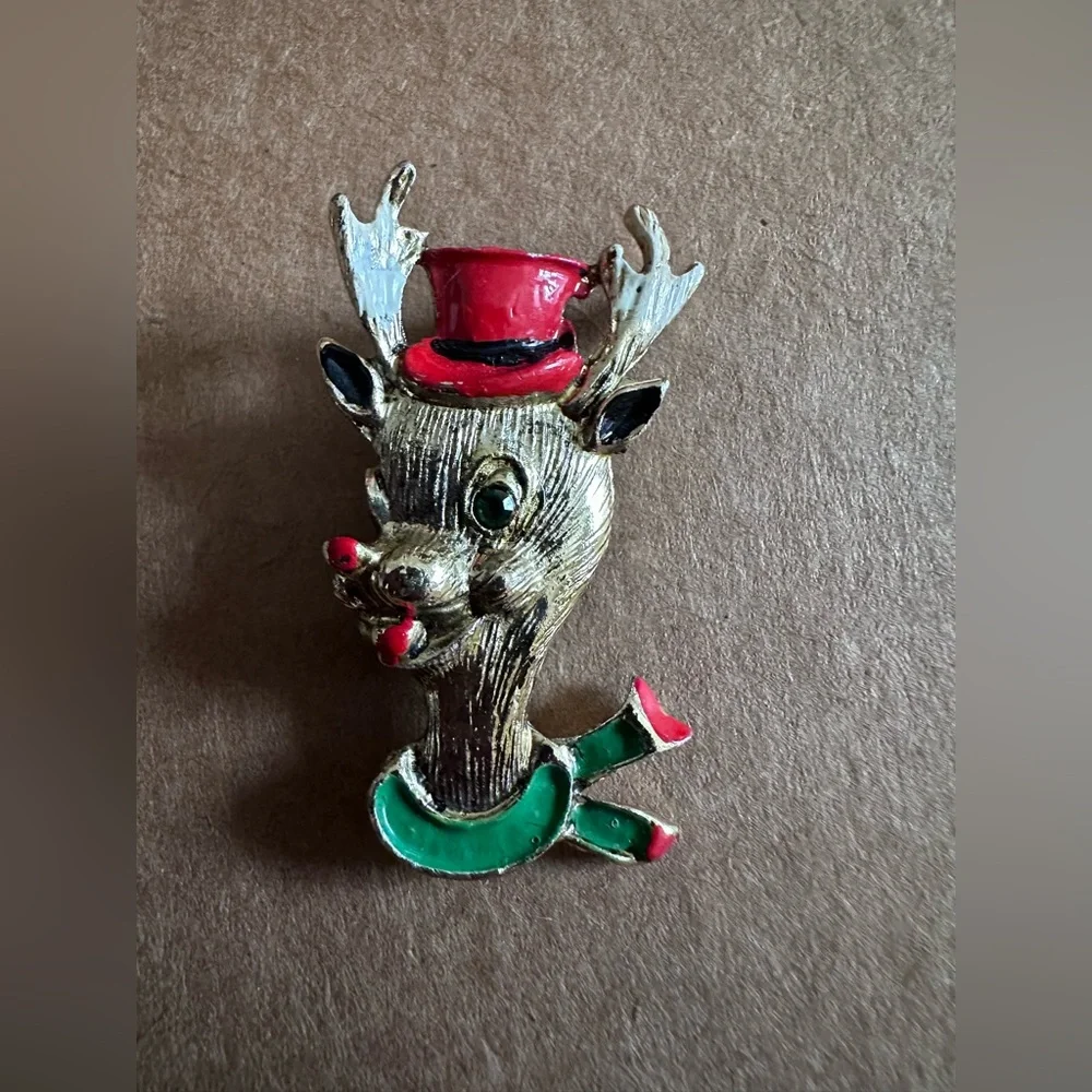Festive Reindeer Brooch with Red Hat Gold Tone
